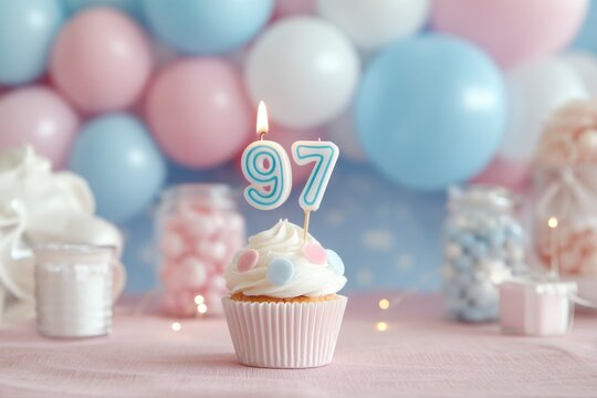 Festive Cupcake with Candle and Numbers for 97th Celebration in Bright Pastel Party Setting
