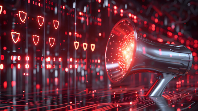 Modern 3D illustration of a metallic megaphone projecting light amidst a digital grid of glowing red security shields and data patterns representing cyber security alerts and network broadcasting