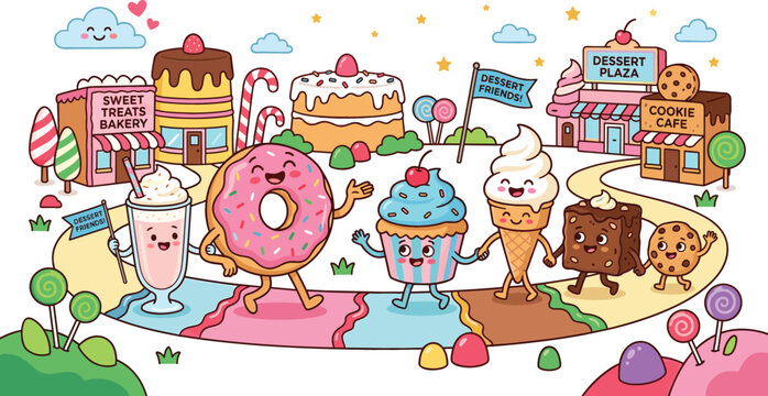 Kawaii dessert characters walking through a magical candy village with sweet treats bakery and cookie cafe in a colorful fantasy food world vector illustration.