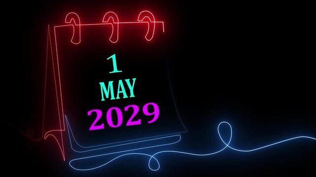 Modern glowing neon calendar displaying 1 May 2029 with colorful futuristic light lines on black background design