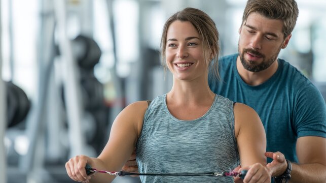 Fitness trainer guiding woman with resistance band exercise in gym