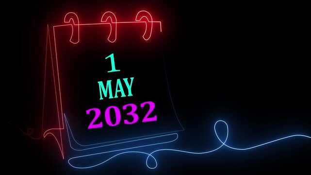 Digital neon calendar with 1 May 2032 text glowing in futuristic style for business planning and event promotion use