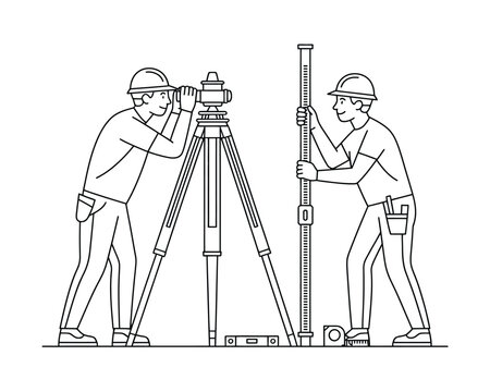 Surveyors using leveling instruments outdoors