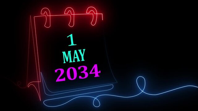 Neon glowing calendar page displaying 1 May 2034 with colorful futuristic lines for holiday reminder and event concept