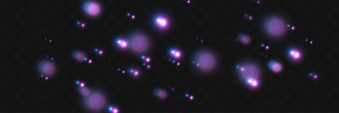 Abstract glowing purple and blue magic particles with soft neon light effects isolated on transparent background. Fantasy sparkle overlay for design projects.
