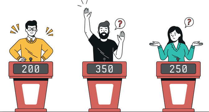 People Playing Television Quiz Game Show with Score Podiums Vector Illustration
