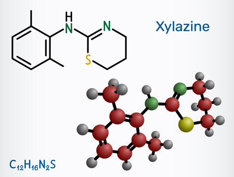 Xylazine molecule. Veterinary drug used for sedation, anesthesia, muscle relaxation, and analgesia in animals. Structural chemical formula, molecule model. Vector illustration