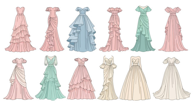 Group of elegant women's tiered and ruffled dresses in soft pastel colors, fashion illustration on an isolated white background.