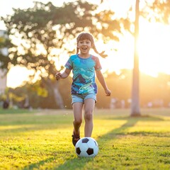 Obraz premium Joyful young girl with braids plays soccer in a sunlit park during golden hour. This energetic shot captures childhood happiness and healthy lifestyle, perfect for family or sports ads.