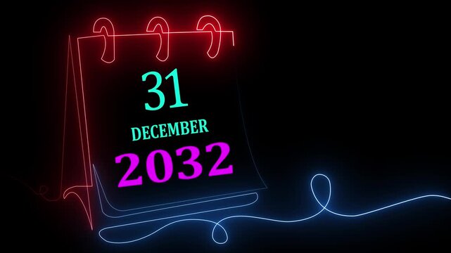 Creative glowing calendar featuring 31 December 2032 text for futuristic New Year countdown and celebration theme.