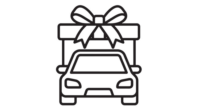 Gift car with bow line icon, featuring simple front view outline for promotion, anniversary, and holiday delivery