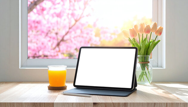 Bright spring workspace mockup featuring a blank digital tablet, fresh orange juice, and tulips by a window with blooming cherry blossoms. Ideal for lifestyle and tech displays.