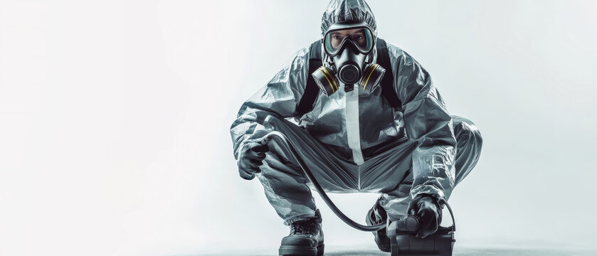 A man kneels in a protective suit and gas mask, holding an insect control device while fumigating a residential area. The background is plain white