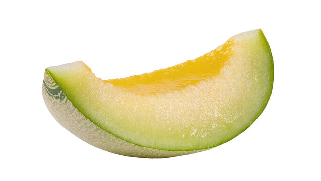 Isolated fresh ripe sweet melon fruit slice with vibrant orange yellow flesh and textured green rind