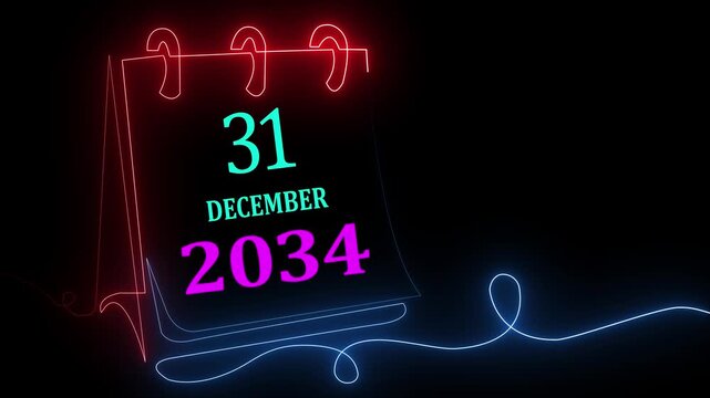 Animated neon calendar showing 31 December 2034 with glowing futuristic typography for New Year celebration design