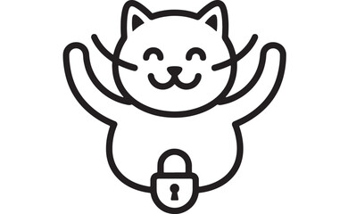 Fototapeta premium Cat icon with protective shield arms and lock symbol for cybersecurity, vector style on white background