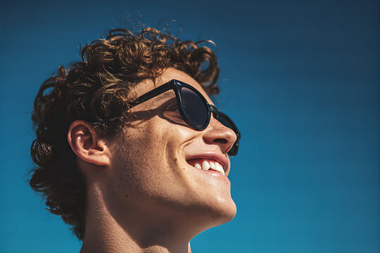 Smiling young student with curly hair and black sunglasses, low - angle sunlit profile against a clear deep - blue sky