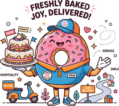 Kawaii donut delivery mascot holding cake with scooter and road background for bakery service advertisement and food shipping logistics concept vector illustration.