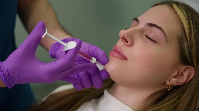 Aesthetic doctor injecting hyaluronic acid filler in chin