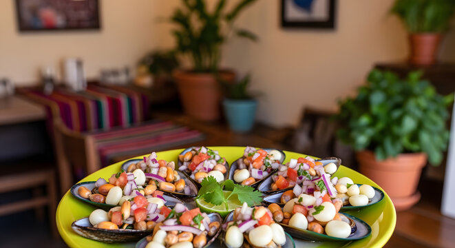 Choritos a la chalaca, steamed mussels with vegetable cuts dish from Peru, South America served on a green platter in a Peruvian restaurant