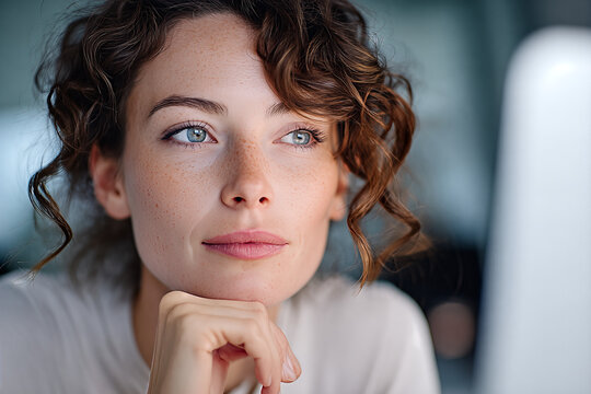 Caucasian female coder with curly auburn hair and freckles, chin resting on hand, thoughtful gaze toward monitor in soft natural light