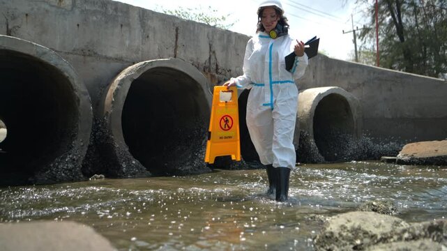 Warning sign and hazardous work area near polluted wastewater drainage tunnel with workers in protective equipment