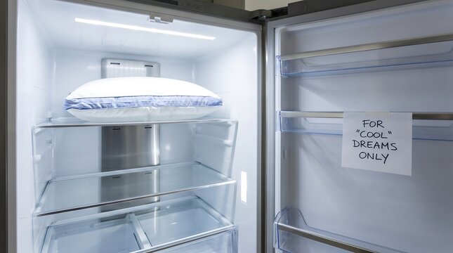 White pillow resting on shelf inside open modern refrigerator with wide angle view and interior lighting