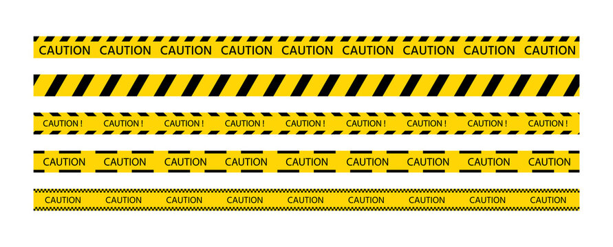 Set of caution crime scene bands. Seamless Do not cross ribbons. Striped boundary lines. Police warning tapes for criminal accident places. Yellow black barrier tape. Vector illustration.