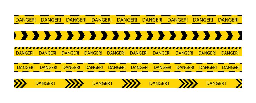 Set danger tapes lines for restriction of crime places. Crime scene tape. Yellow striped warning police ribbon. Seamless barrier borders for criminal accident zones. Vector illustration.