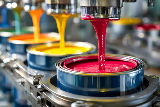 Paint pours into cans on a production line in a factory. Workers manage clean equipment, ensuring smooth operation for paint production in vibrant colors
