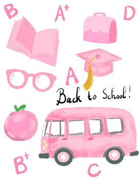 Transparent Pink Back to School Background with School Supplies and Education Icons
