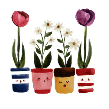 Cute Kawaii Flower Pot with Daisy and Tulip Cartoon Illustration