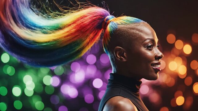 Profile portrait of a smiling Black woman featuring a shaved undercut and a long vibrant rainbow colored ponytail extension against a colorful bokeh light background.