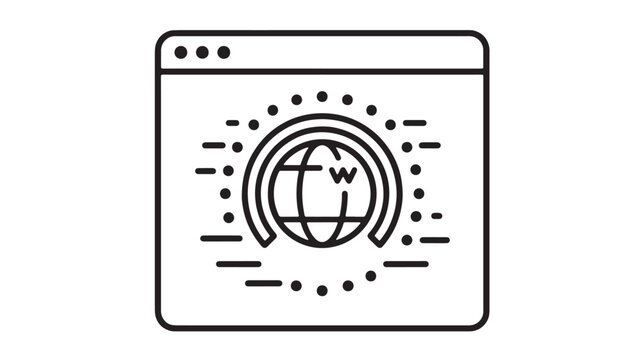 Globe web browser icon with network arcs, dots, and stylized globe inside a minimal line art window featuring website, internet, connectivity with