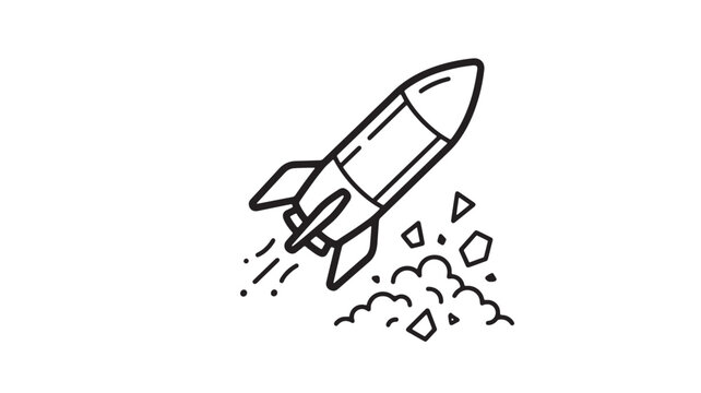 Rocket ship line icon launching with fire sparks and floating debris for startup growth technology theme