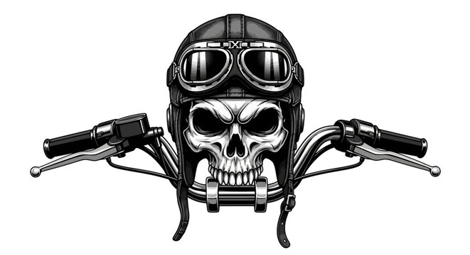 Biker Skull with Helmet and Goggles Line Art, Motorcycle Handlebars and Rider's Headwear on Isolated White Background