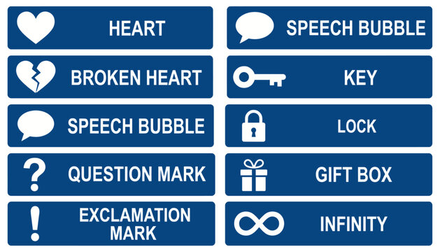 A grid of icons representing concepts such as a heart broken heart speech bubble question mark exclamation mark key lock gift box and infinity symbol graphic sign communication