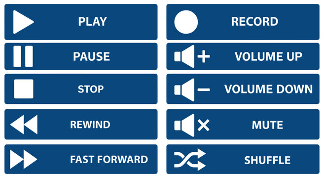 A collection of blue and white digital interface buttons and icons representing media playback controls like play pause stop rewind fast forward record volume up volume down mute and shuffle