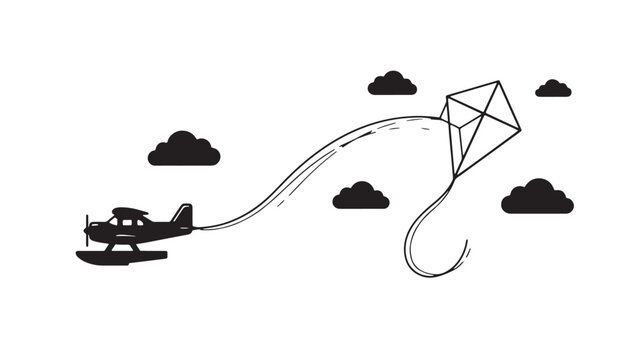 Kite flying over clouds with a helicopter silhouette and curving wind trail for outdoor adventure featuring cloud, sky, weather with recreation and