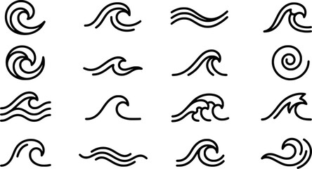Fototapeta premium Ocean Wave Icon Set Featuring Sea Water Symbols, Surf Logo Elements, Minimal Wave Lines, Coastal Nature Design and Marine Motion Graphics
