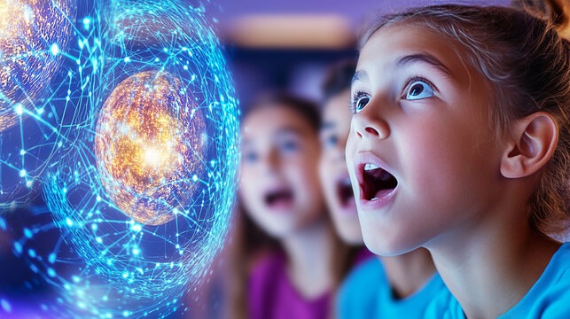 Three young children look in awe at the glowing sphere of a digital artificial intelligence hologram with neon blue and purple light effects. Technology, future and education concept for children.