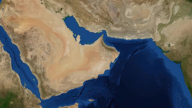 Muscat, Oman zoom out animation shows country location on global map and then zooms in to display city coordinates.