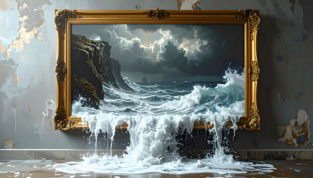 Dramatic seascape painting in ornate gold frame with water spilling onto the floor; turbulent ocean with crashing waves and dark stormy sky