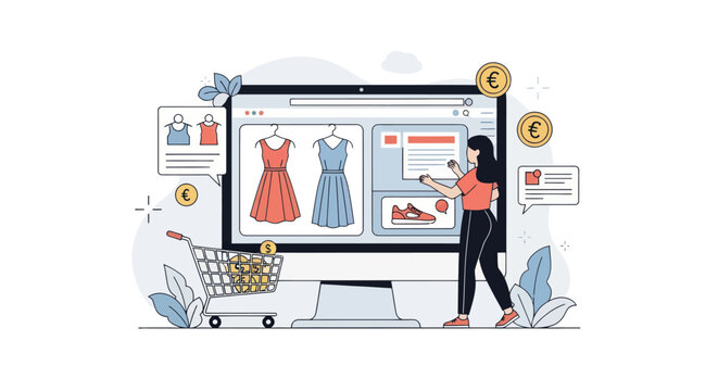 Woman browsing an online fashion store website for clothes and accessories.