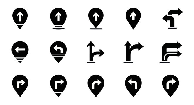 Set of black navigation direction icons and map pointer symbols on white background.
