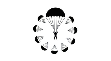 Skydiver with Parachute and Radial Parachute Icons in Black and White © Naswi