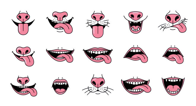 Collection of cartoon animal mouths with pink tongues and noses