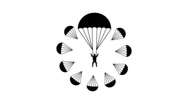 Skydiver with Parachute and Radial Parachute Icons in Black and White