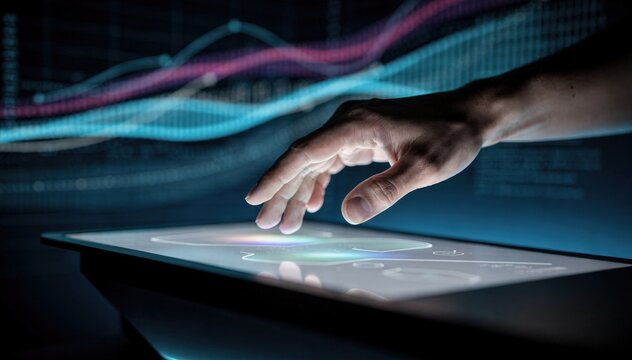 Medium shot of a hand hovering over a futuristic touch panel controlling rollback features with outoffocus digital graphs symbolizing restored data states.