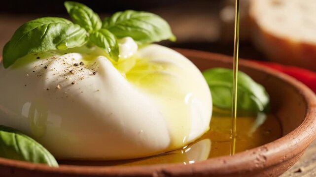 Burrata cheese drizzled with olive oil served with fresh basil